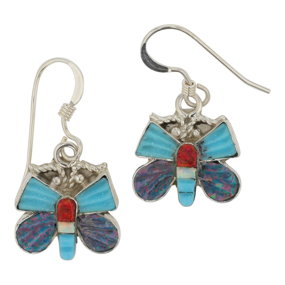 Zuni Turquoise & Synthetic Opal Inlay Earrings: Sterling Silver | Genuine Turquoise & Synthetic Opal | Zuni Turquoise & Synthetic Opal Inlay Earrings | Zuni Native American Southwest Indian Jewelry | Good (no breaks or damages) | Approximate Weight