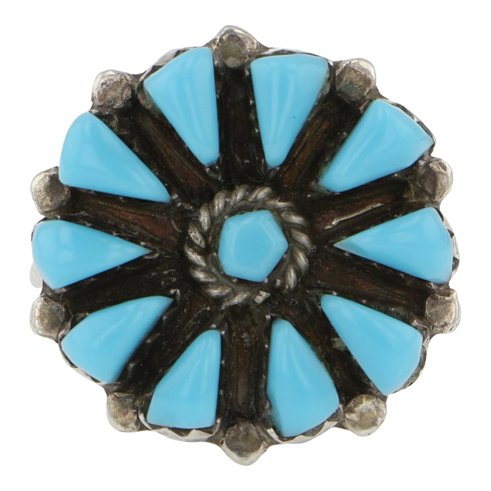 Zuni Turquoise Cluster Ring: Sterling Silver | Genuine Turquoise | Zuni Turquoise Cluster Ring | Zuni Native American Southwest Indian Jewelry | Good (no breaks or damages) | Approximate Weight: 3 Grams | Ring: 7 size, .75" x .75
