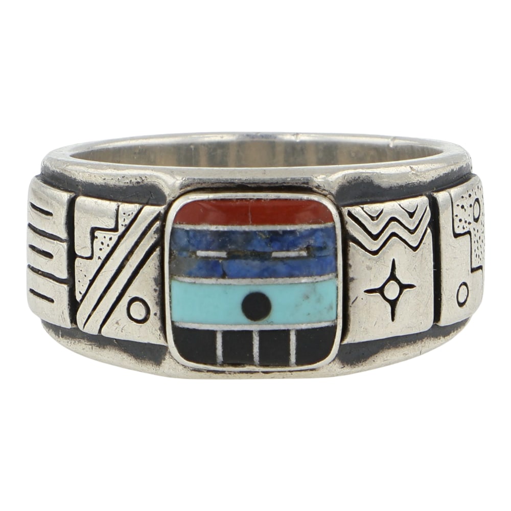 Roderick & Marilyn Tenorio Kewa Tribe Turquoise Coral Lapis & Acoma Jet Inlay Ring: Sterling Silver | Genuine Turquoise, Coral, Lapis & Acoma Jet | Roderick & Marilyn Tenorio Kewa Tribe Turquoise Coral Lapis & Acoma Jet Inlay Ring | Kewa Native American Southwest Indian Jewelry | Goo