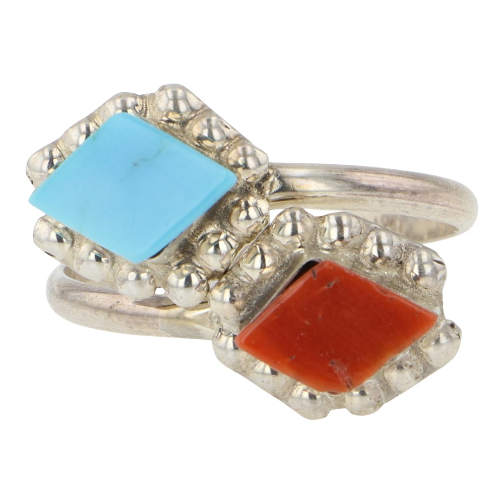 Zuni Turquoise & Coral Ring: Sterling Silver | Genuine Turquoise & Coral | Zuni Turquoise & Coral Ring | Zuni Native American Southwest Indian Jewelry | Good (no breaks or damages) | Approximate Weight: 2 Grams | Ring: 8 size, .7