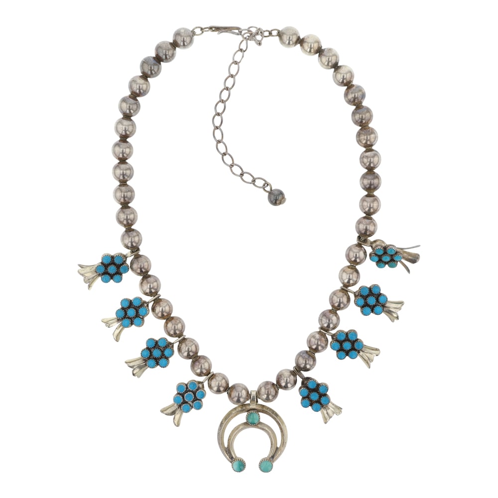 Vintage Navajo Kingman Turquoise Squash Blossom Choker Necklace: Sterling Silver | Genuine Kingman Turquoise | Vintage Navajo Kingman Turquoise Squash Blossom Choker Necklace | Navajo Native American Southwest Indian Jewelry | Good (no breaks or damages) | Approxim