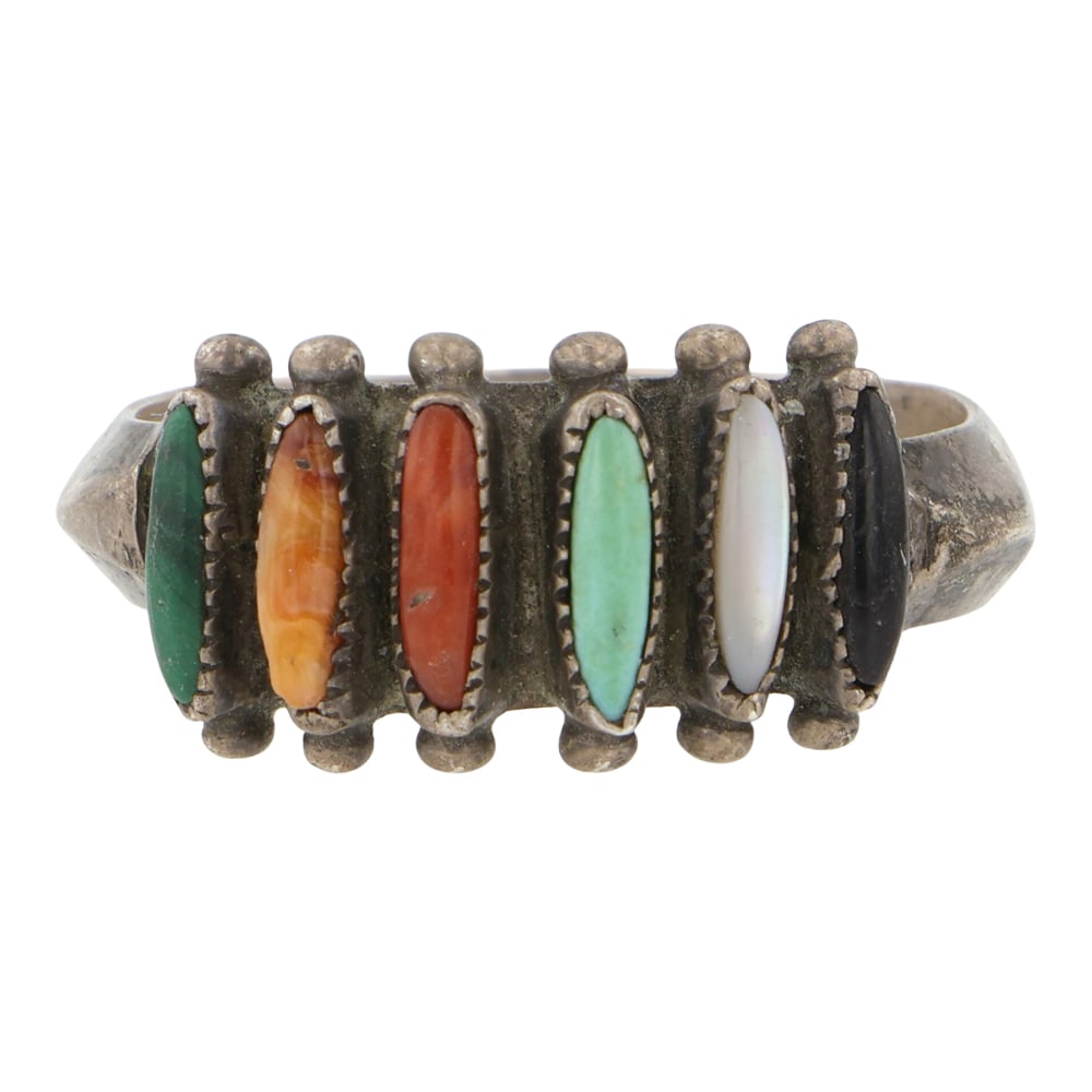 Zuni Turquoise Coral Spiny Oyster Malachite Ring: Sterling Silver | Genuine Turquoise, Coral, Spiny Oyster, Malachite | Zuni Turquoise Coral Spiny Oyster Malachite Ring | Zuni Native American Southwest Indian Jewelry | Good (no breaks or damages) | A