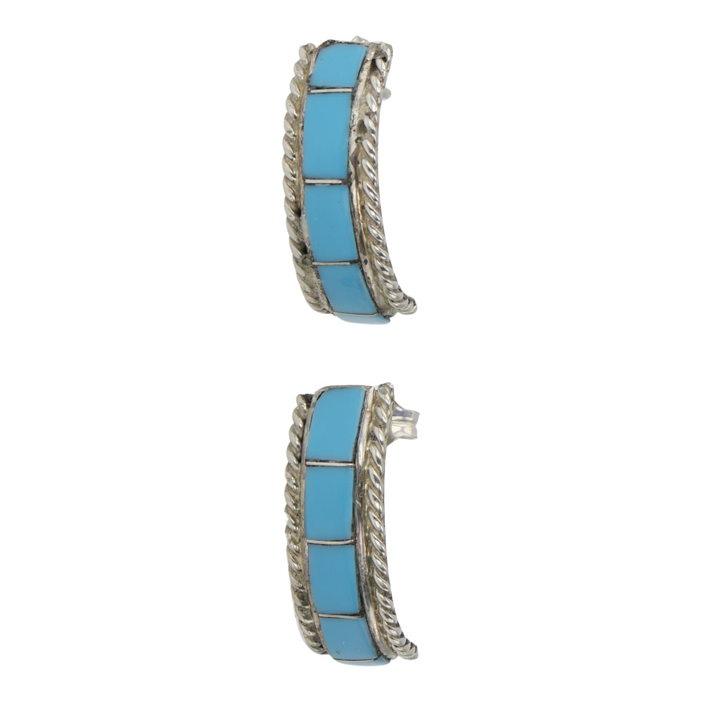 Zuni Turquoise Inlay Earrings: Sterling Silver | Genuine Turquoise | Zuni Turquoise Inlay Earrings | Zuni Native American Southwest Indian Jewelry | Good (no breaks or damages) | Approximate Weight: 3 Grams | Earrings: .75" x .25" 