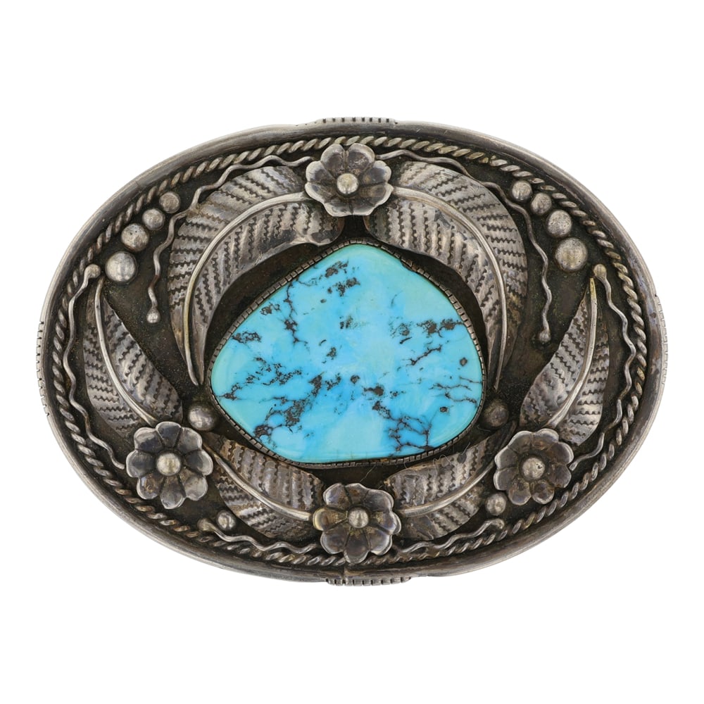 Vintage Navjao Kingman Turquoise Leaf work Belt Buckle (1 of 2)