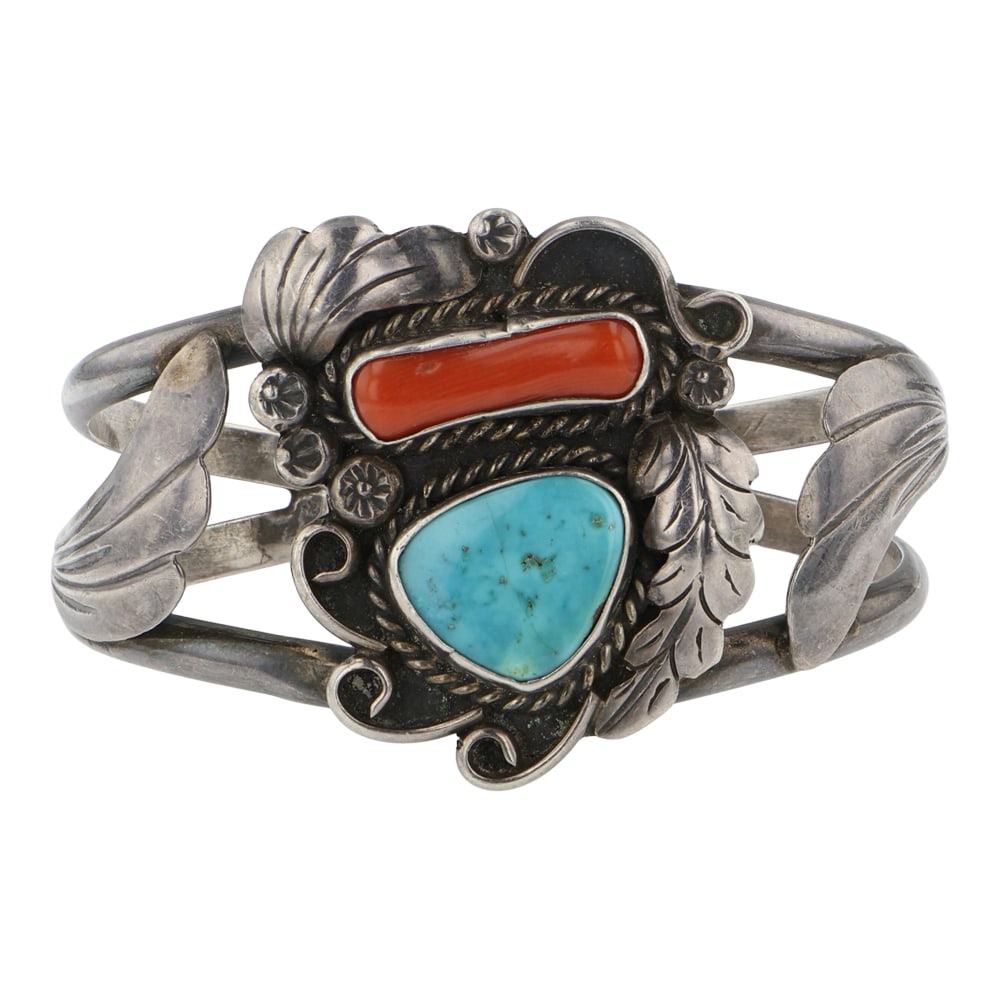 Vintage Roy Platero Navajo Turquoise & Coral Cuff Bracelet: Sterling Silver | Genuine Turquoise & Coral | Vintage Roy Platero Navajo Turquoise & Coral Cuff Bracelet | Navajo Native American Southwest Indian Jewelry | Good (no breaks or damages) | Approximate W