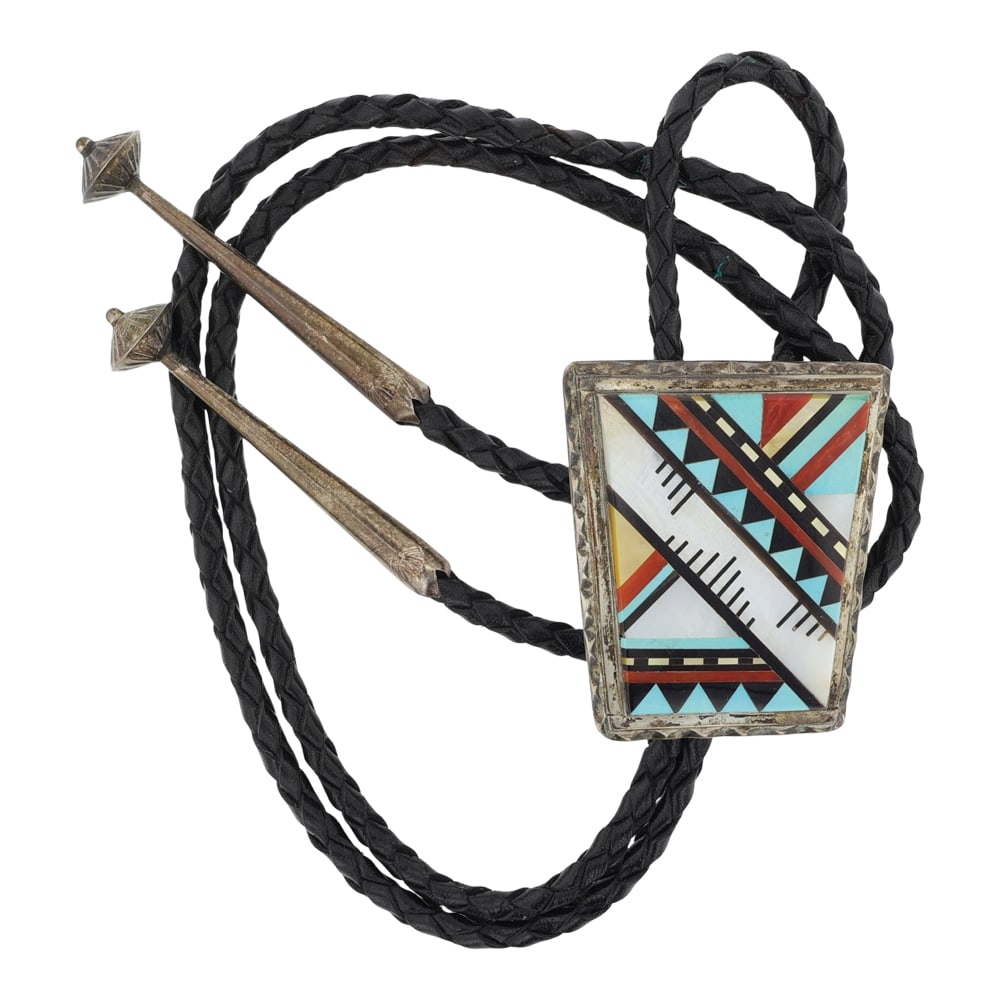 Vintage Zuni Turquoise Coral Mother of Pearl & Jet Inlay Bolo Tie (1 of 3)