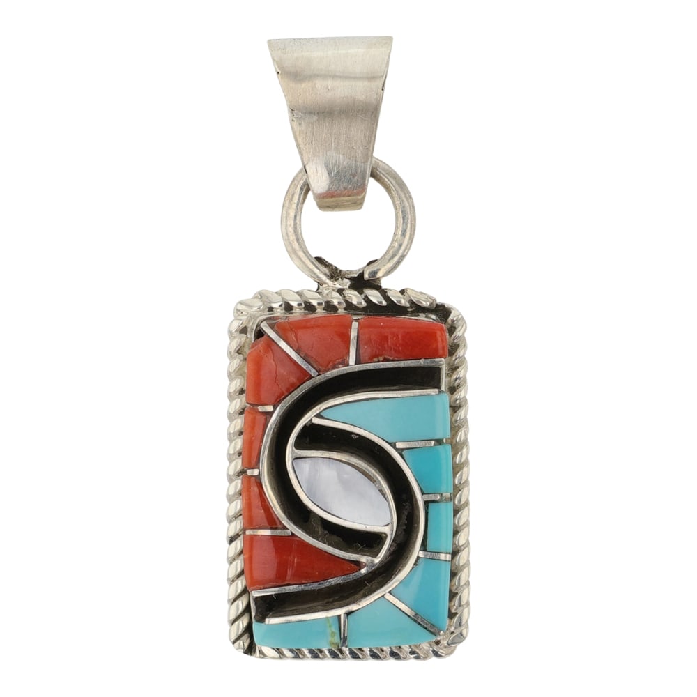 Amy Qunadelacy Zuni Turquoise Coral & Mother of pearl Inlay Pendant: Sterling Silver | Genuine Turquoise, Coral & Mother of Pearl | Amy Qunadelacy Zuni Turquoise Coral & Mother of pearl Inlay Pendant | Zuni Native American Southwest Indian Jewelry | Fair - (crack in co
