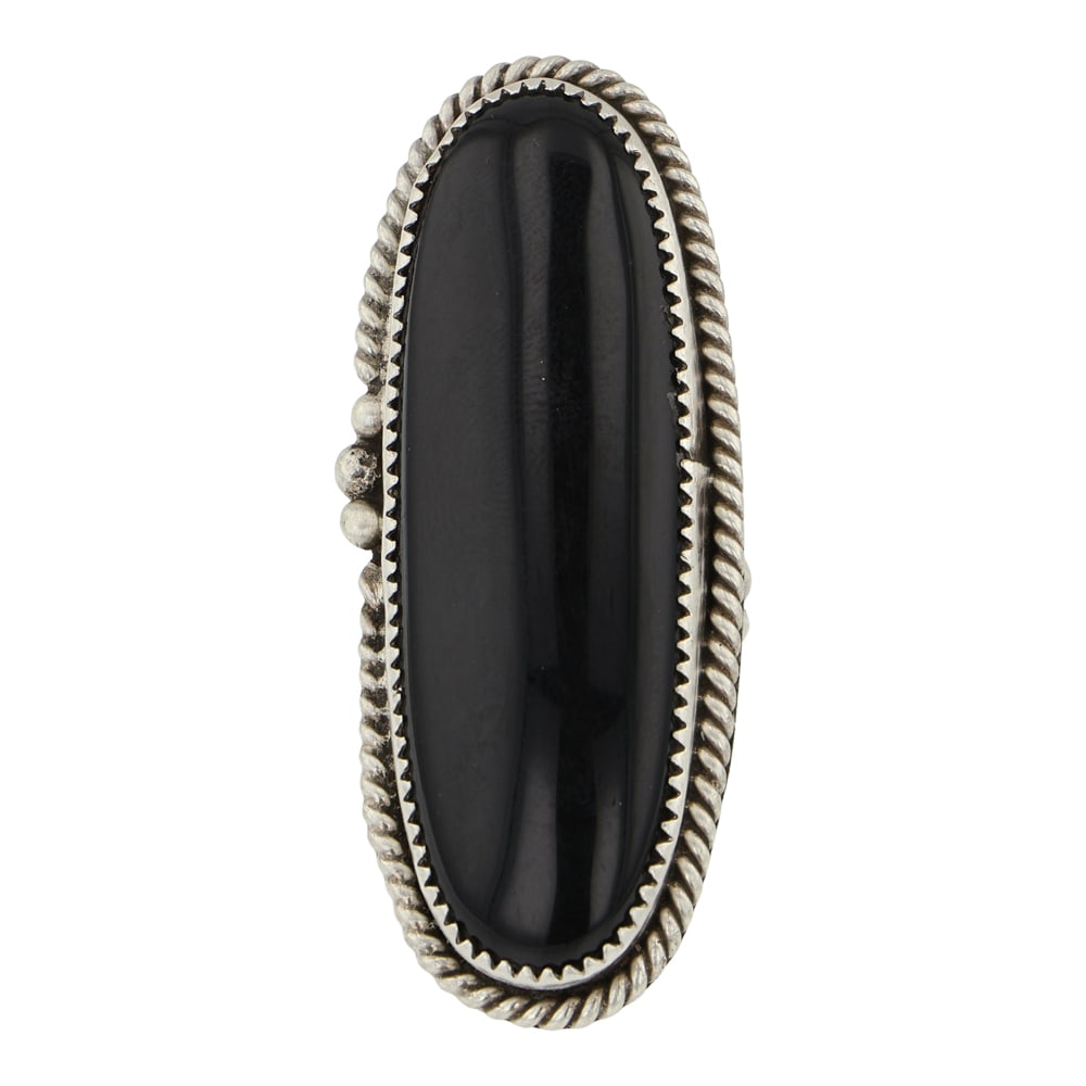 Navajo Black Onyx Long Oval Ring: Sterling Silver | Genuine Black Onyx | Navajo Black Onyx Long Oval Ring | Navajo Native American Southwest Indian Jewelry | Good (no breaks or damages) | Approximate Weight: 19 Grams | Ring: 7.5 size,