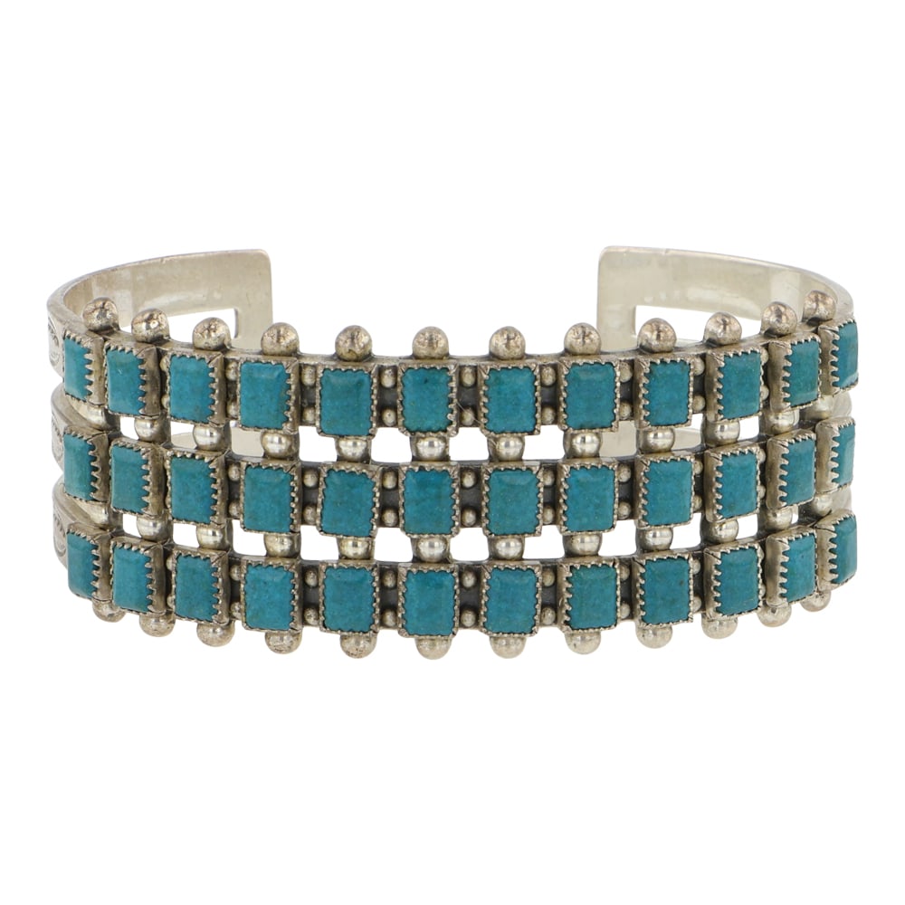 Vintage Fred Harvey Era Turquoise Three Stone Row Bracelet: Sterling Silver | Genuine Turquoise | Vintage Fred Harvey Era Turquoise Three Stone Row Bracelet | Navajo Native American Southwest Indian Jewelry | Good (no breaks or damages) | Approximate Weight: 3