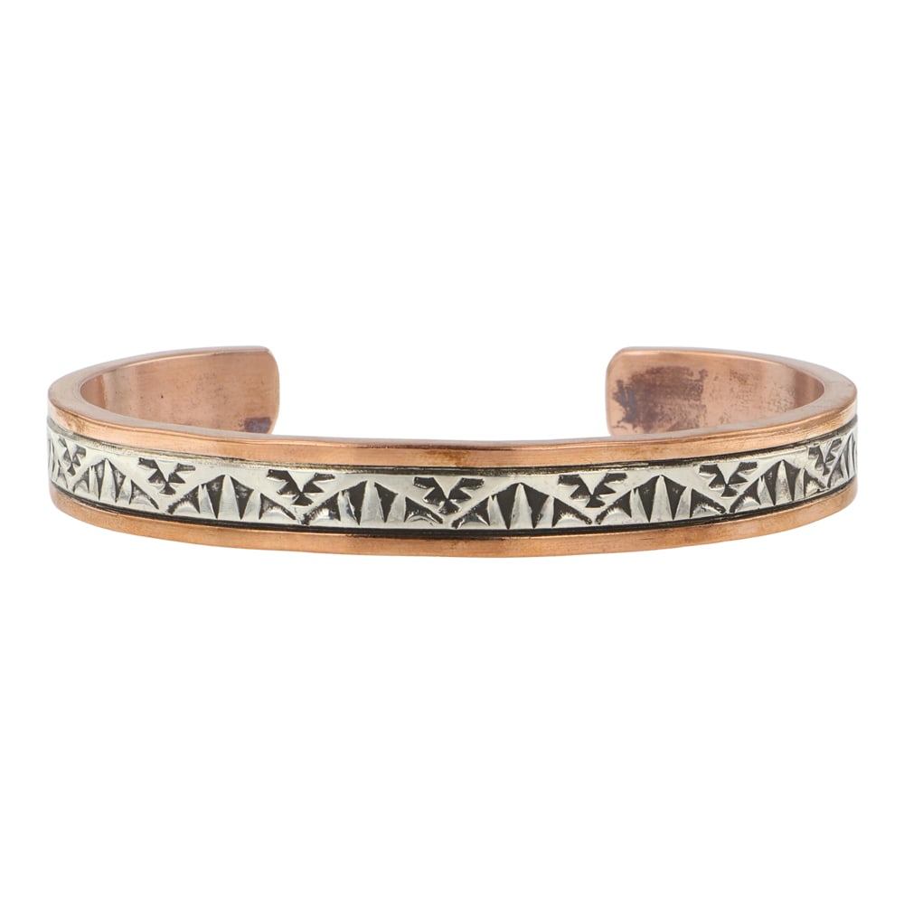 Wylie Secatero Navajo Sterling Silver Copper Stamp-Work Cuff Bracelet: Copper & Sterling Silver | | Wylie Secatero Navajo Sterling Silver Copper Stamp-Work Cuff Bracelet | Navajo Native American Southwest Indian Jewelry | Good (no breaks or damages) | Approximate Weight: