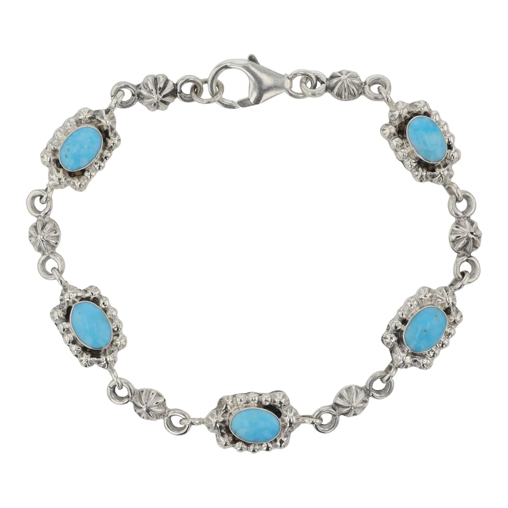 RB Navajo Campitos Turquoise Link Bracelet: Sterling Silver | Genuine Campitos Turquoise | RB Navajo Campitos Turquoise Link Bracelet | Navajo Native American Southwest Indian Jewelry | Good (no breaks or damages) | Approximate Weight: 21 Grams