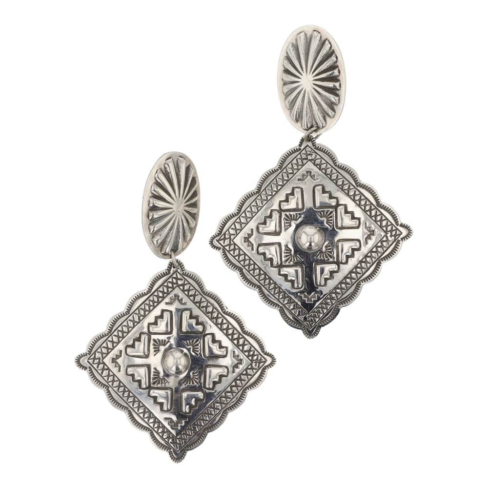 Harris Joe Navajo Detailed Stamp-Work Earrings: Sterling Silver | | Harris Joe Navajo Detailed Stamp-Work Earrings | Navajo Native American Southwest Indian Jewelry | Good (no breaks or damages) | Approximate Weight: 19 Grams | Earrings: 3.25" x 2"