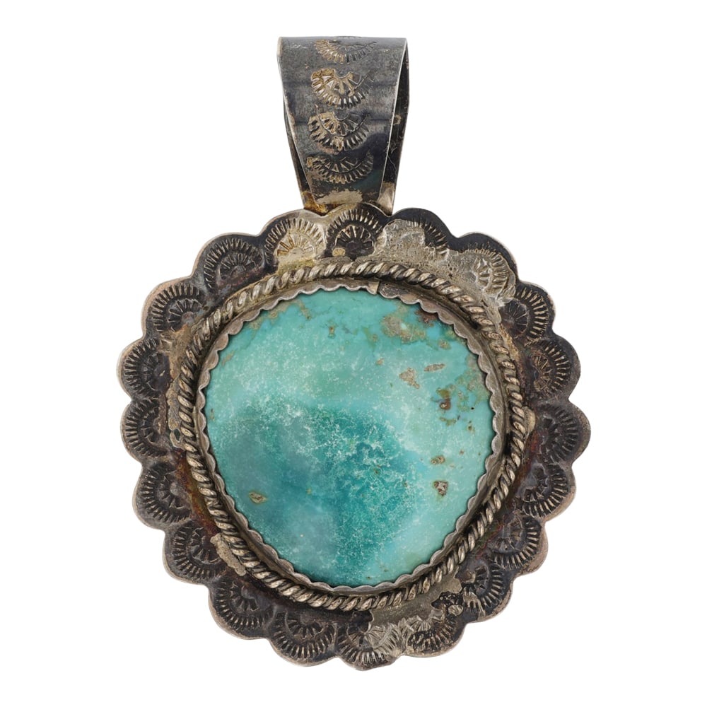 Vintage Navajo Nevada Turquoise Stamp-Work Pendant: Sterling Silver | Genuine Nevada Turquoise | Vintage Navajo Nevada Turquoise Stamp-Work Pendant | Navajo Native American Southwest Indian Jewelry | Good (no breaks or damages) | Approximate Weight: 28