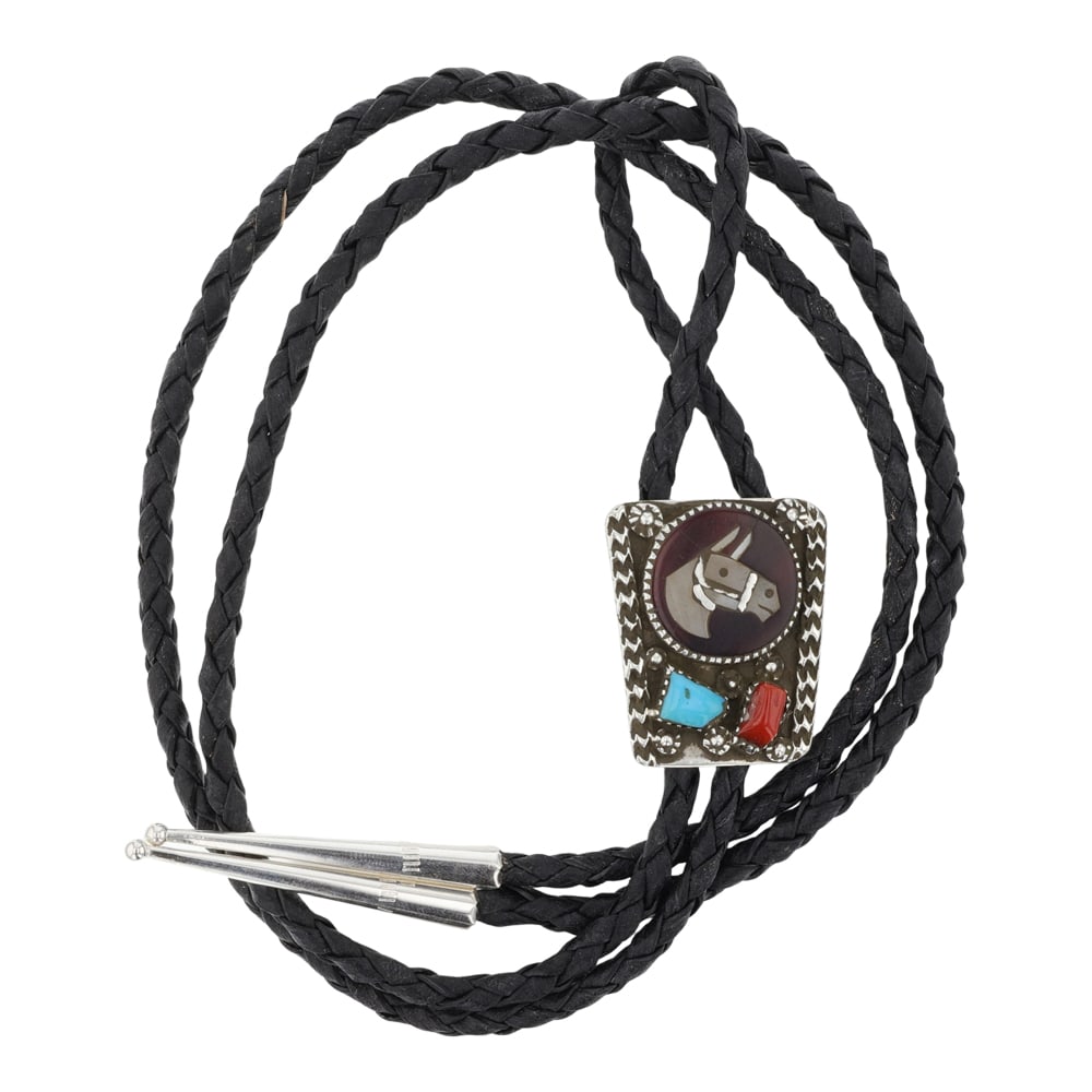 Zuni Turquoise Coral & Shell Horse Inlay Bolo Tie: Sterling Silver | Genuine Turquoise, Coral & Shell | Zuni Turquoise Coral & Shell Horse Inlay Bolo Tie | Zuni Native American Southwest Indian Jewelry | Good (no breaks or damages) | Approximate Weigh