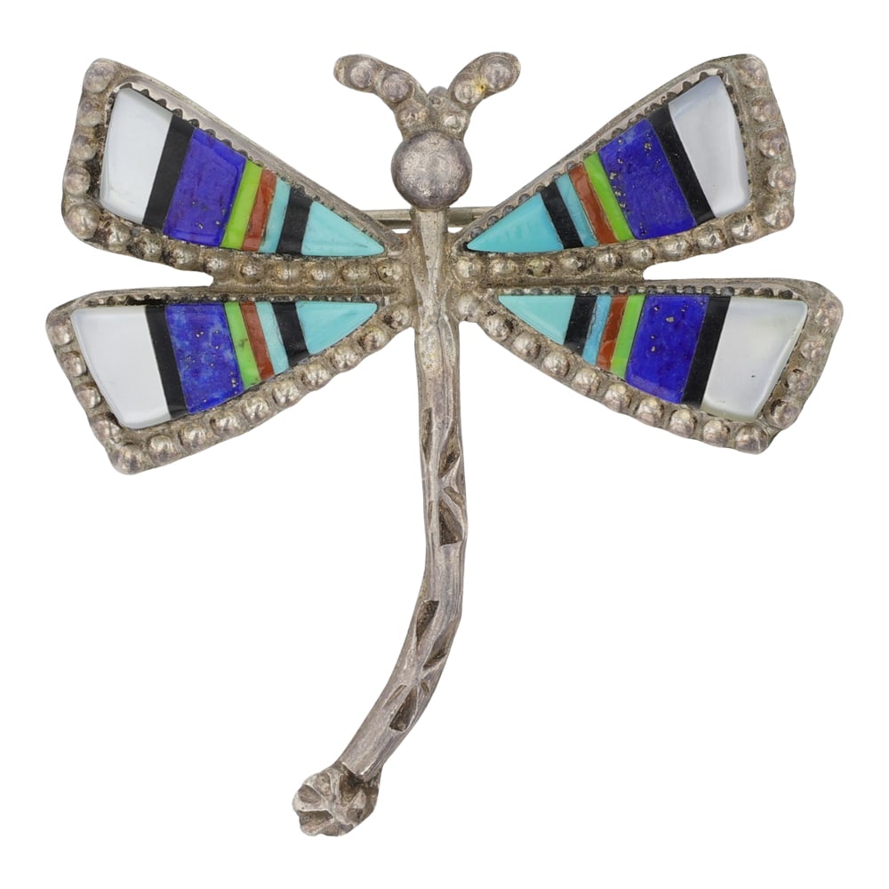 Navajo Turquoise Spiny Oyster & Mother of Pearl Inlay Dragonfly Pin / Pendant: Sterling Silver | Genuine Turquoise, Spiny Oyster & Mother of Pearl | Navajo Turquoise Spiny Oyster & Mother of Pearl Inlay Dragonfly Pin / Pendant | Navajo Native American Southwest Indian Jewelry | 