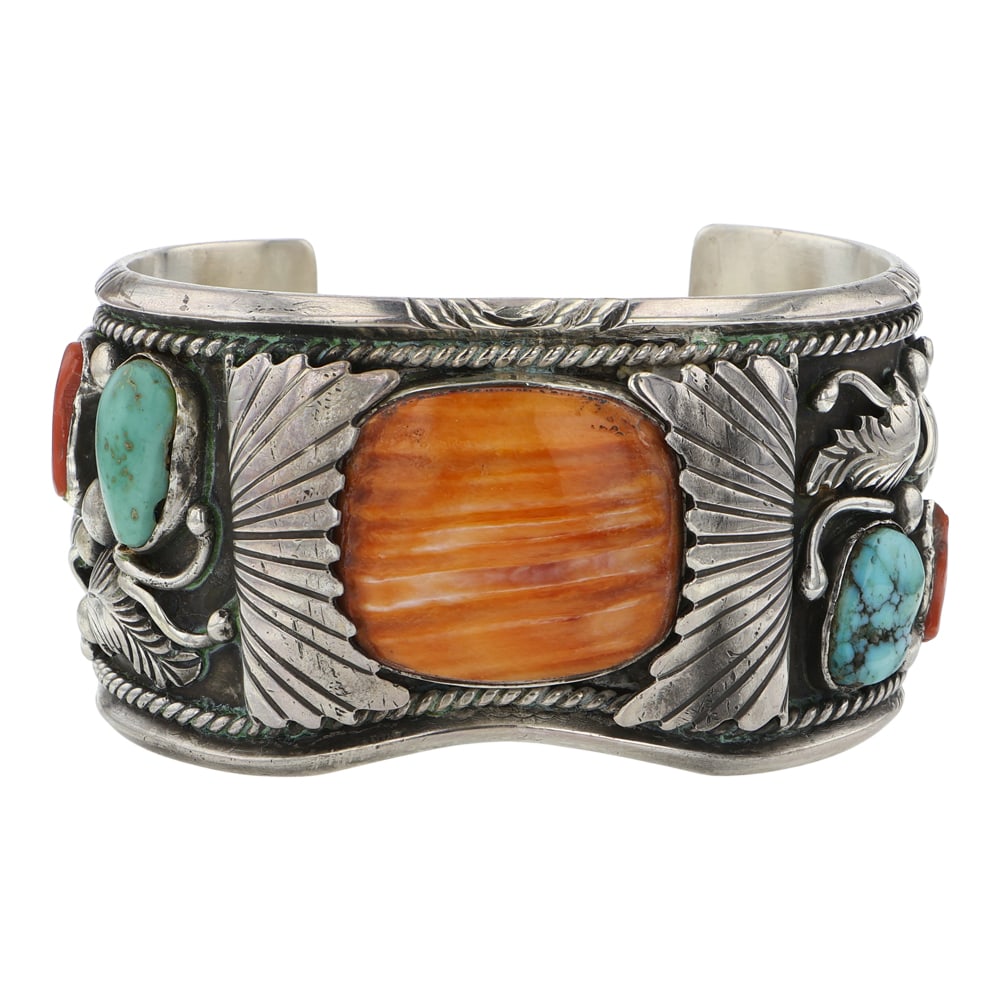 Navajo Turquoise Coral & Spiny Oyster Cuff Bracelet: Sterling Silver | Genuine Turquoise, Coral, Spiny Oyster | Navajo Turquoise Coral & Spiny Oyster Cuff Bracelet | Navajo Native American Southwest Indian Jewelry | Good (no breaks or damages) | Approxi