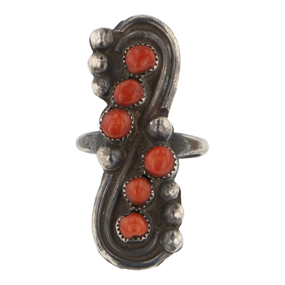 Vintage Navajo Mediterranean Coral Ring: Sterling Silver | Genuine Mediterranean Coral | Vintage Navajo Mediterranean Coral Ring | Navajo Native American Southwest Indian Jewelry | Good (no breaks or damages) | Approximate Weight: 6 Grams | 