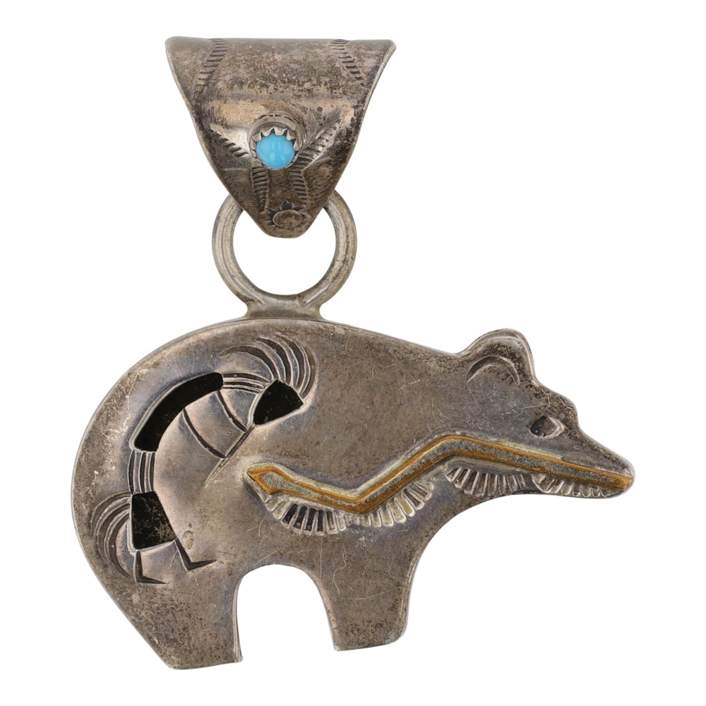 Navajo Kingman Turquoise Bear Pendant: Sterling Silver | Genuine Kingman Turquoise | Navajo Kingman Turquoise Bear Pendant | Navajo Native American Southwest Indian Jewelry | Good (no breaks or damages) | Approximate Weight: 10 Grams | Pen