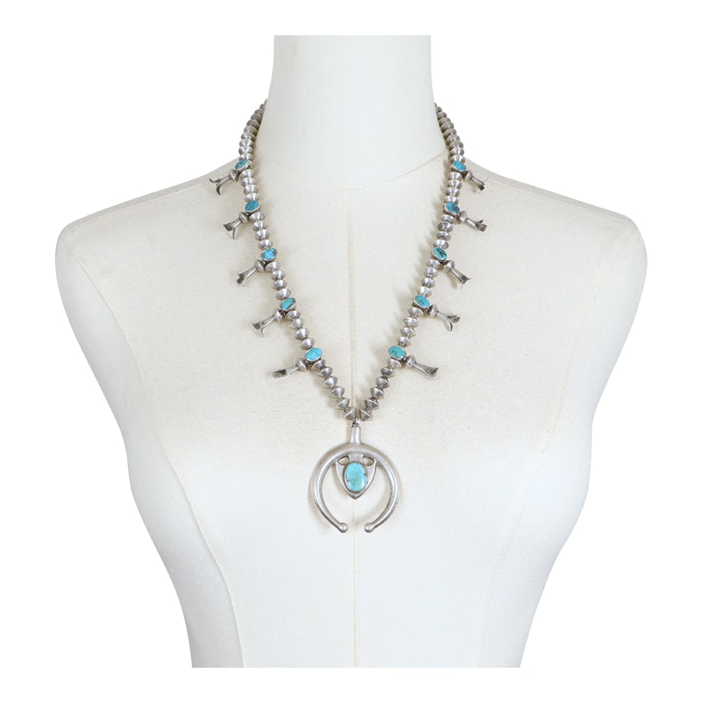 Vintage Navajo Early Era Ithaca Peak Turquoise Squash Blossom Necklace (1 of 4)