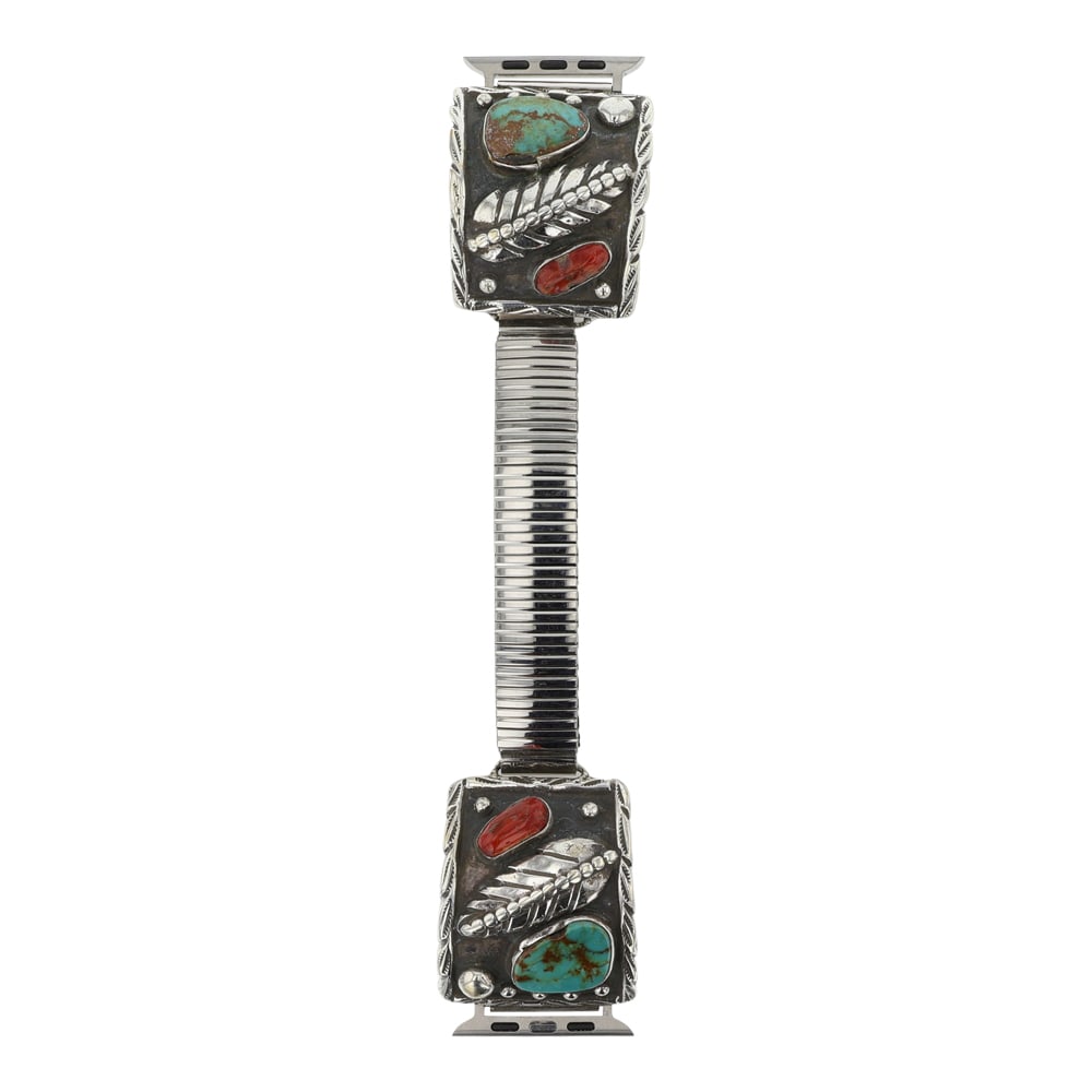 Navajo Turquoise & Coral Watch Bracelet With Apple Watch Adapter: Sterling Silver | Genuine Turquoise & Coral | Navajo Turquoise & Coral Watch Bracelet With Apple Watch Adapter | Navajo Native American Southwest Indian Jewelry | Good (no breaks or damages) | Approxi