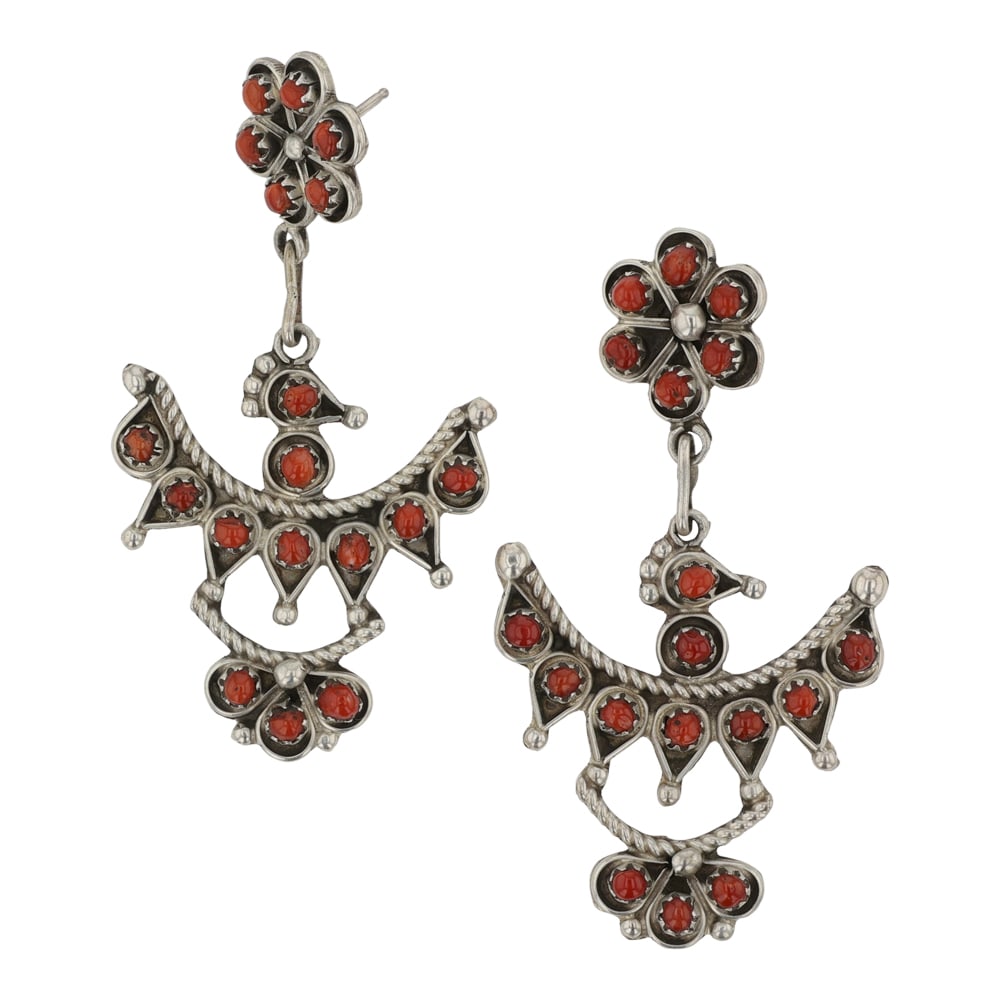Zuni Mediterranean Coral Bird Design Earrings: Sterling Silver | Genuine Mediterranean Coral | Zuni Mediterranean Coral Bird Design Earrings | Zuni Native American Southwest Indian Jewelry | Good (no breaks or damages) | Approximate Weight: 12 Gra