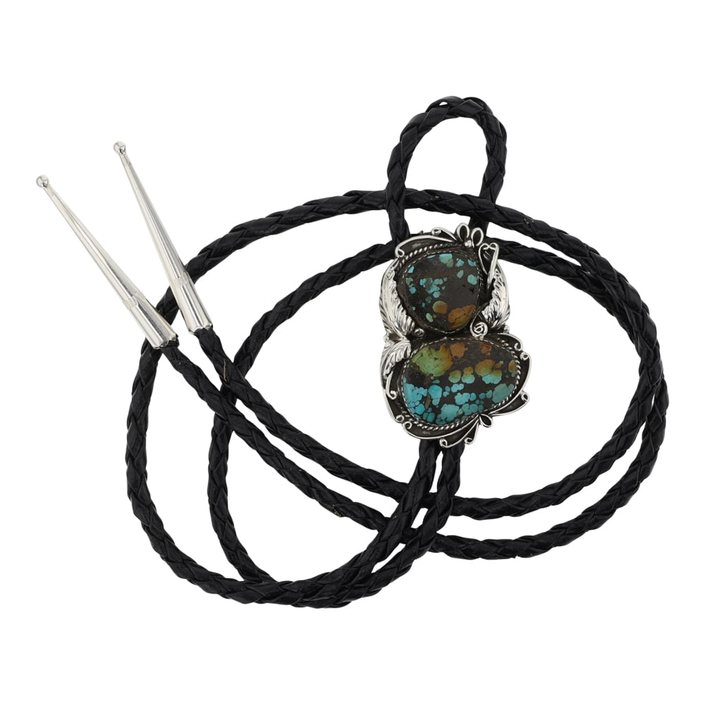 Navajo Hubei Turquoise Two Stone Bolo Tie: Sterling Silver | Genuine Hubei Turquoise | Navajo Hubei Turquoise Two Stone Bolo Tie | Navajo Native American Southwest Indian Jewelry | Good (no breaks or damages) | Approximate Weight: 32 Grams | B
