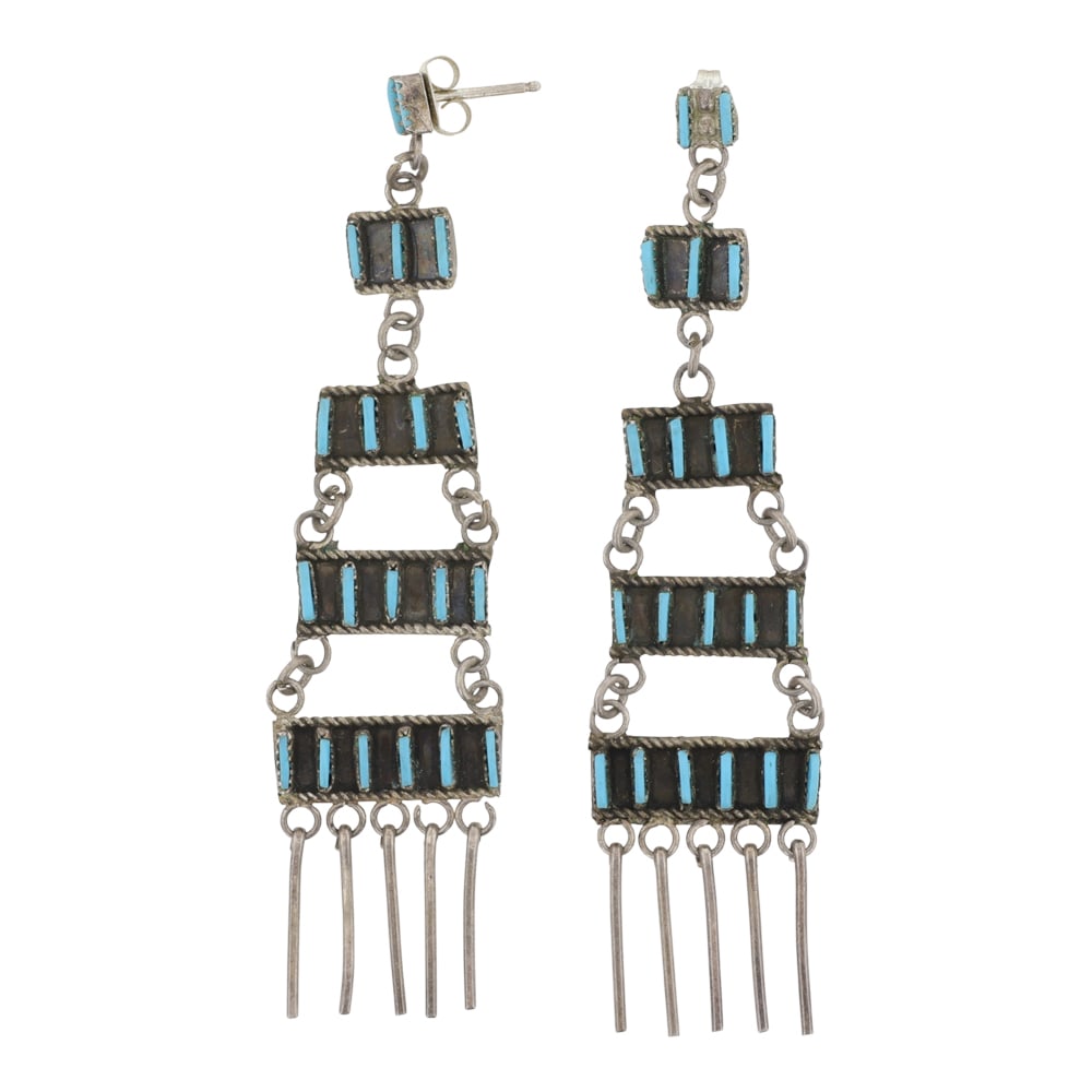 Vintage Zuni Sleeping Beauty Turquoise Needlepoint Chandelier Earrings: Sterling Silver | Genuine Sleeping Beauty Turquoise | Vintage Zuni Sleeping Beauty Turquoise Needlepoint Chandelier Earrings | Zuni Native American Southwest Indian Jewelry | Good (no breaks or damage