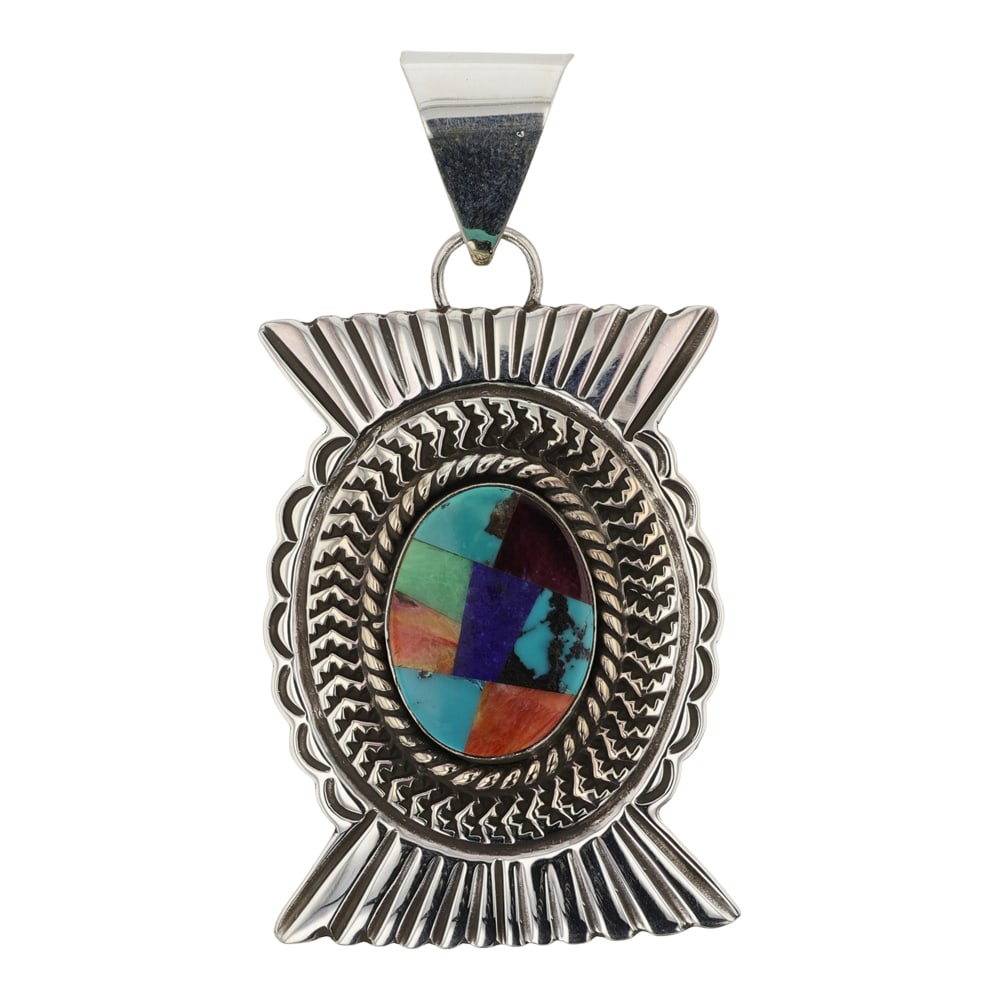 Eddie Secatero Navajo Turquoise Spiny Oyster & Lapis Inlay Pendant: Sterling Silver | Genuine Turquoise, Spiny Oyster & Lapis | Eddie Secatero Navajo Turquoise Spiny Oyster & Lapis Inlay Pendant | Navajo Native American Southwest Indian Jewelry | Good (no breaks or da