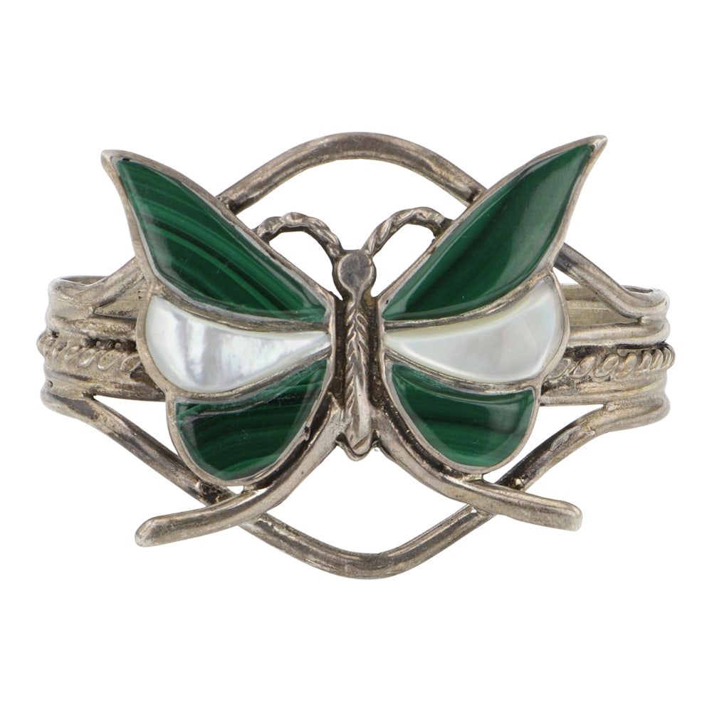 Vintage Navajo Malachite & Mother of Pearl Inlay Butterfly Bracelet: Sterling Silver | Genuine Malachite & Mother of Pearl | Vintage Navajo Malachite & Mother of Pearl Inlay Butterfly Bracelet | Navajo Native American Southwest Indian Jewelry | Good (no breaks or damag