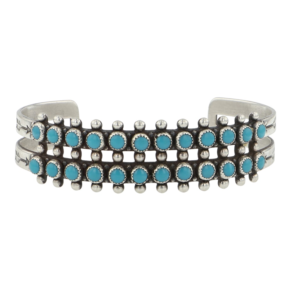 Vintage Navjao Kingman Turquoise Two Row Bracelet: Sterling Silver | Genuine Kingman Turquoise | Vintage Navjao Kingman Turquoise Two Row Bracelet | Navajo Native American Southwest Indian Jewelry | Good (no breaks or damages) | Approximate Weight: 23