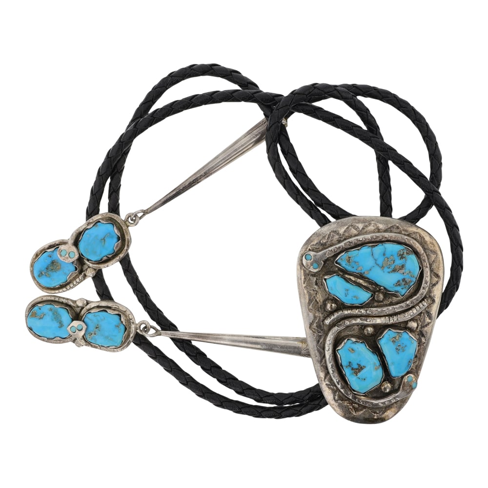 Effie Calavaza ( Effie C) Zuni Vintage Sleeping Beauty Turquoise Bolo Tie: Sterling Silver | Genuine Sleeping Beauty Turquoise | Effie Calavaza ( Effie C) Zuni Vintage Sleeping Beauty Turquoise Bolo Tie | Zuni Native American Southwest Indian Jewelry | Good (no breaks or dam