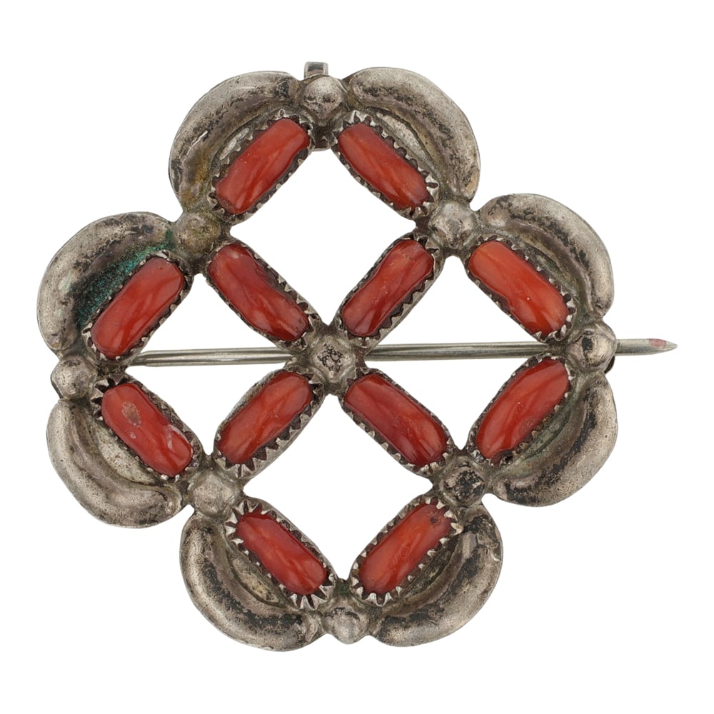 Zuni Vintage Mediterranean Coral Pin/ Pendant: Sterling Silver | Genuine Mediterranean Coral | Zuni Vintage Mediterranean Coral Pin/ Pendant | Zuni Native American Southwest Indian Jewelry | Good (no breaks or damages) | Approximate Weight: 4 Gram
