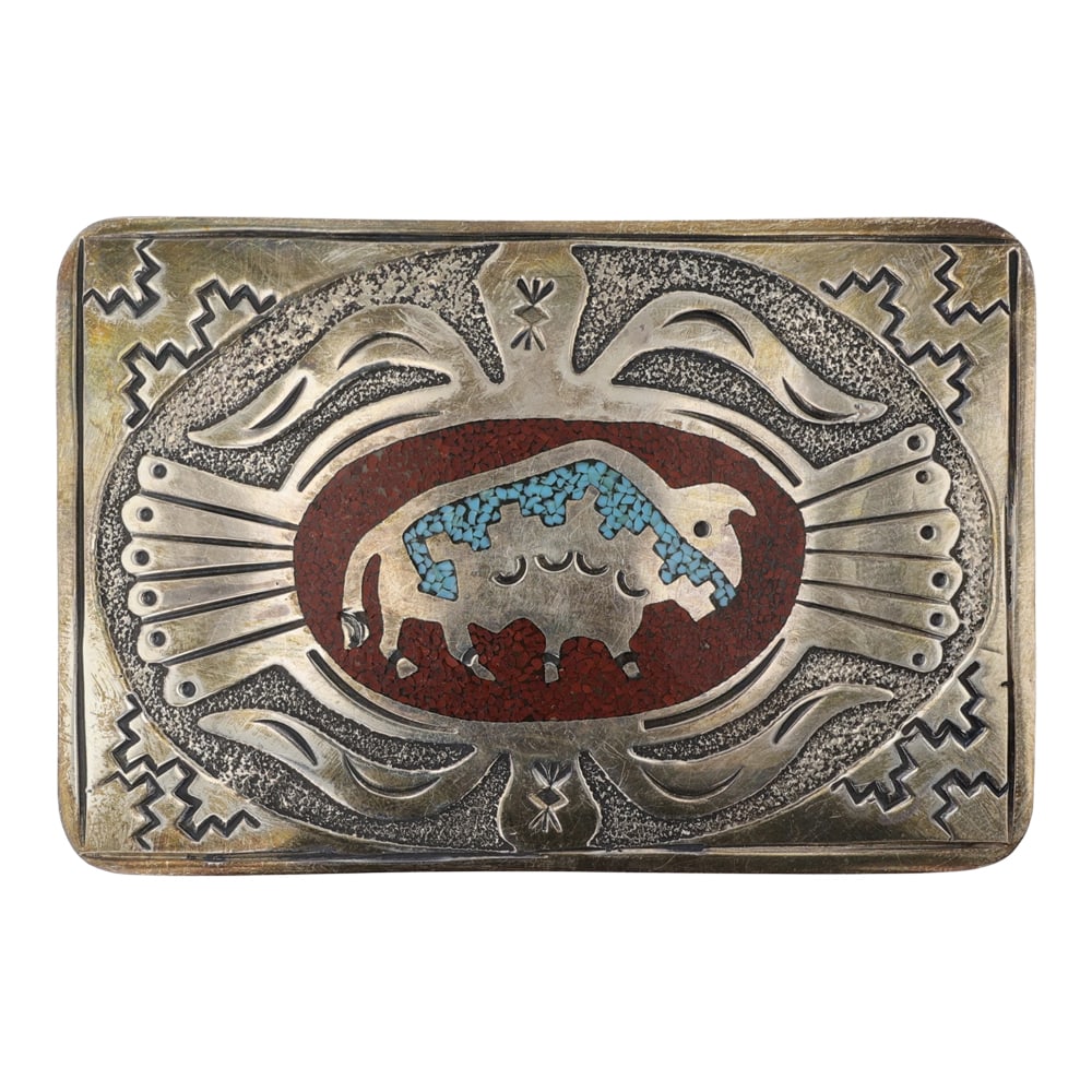 Raymond Begay Navajo Turquoise & Coral Chip Inlay Buffalo Belt Buckle: Sterling Silver | Genuine Turquoise & Coral | Raymond Begay Navajo Turquoise & Coral Chip Inlay Buffalo Belt Buckle | Navajo Native American Southwest Indian Jewelry | Good (no breaks or damages) | Ap