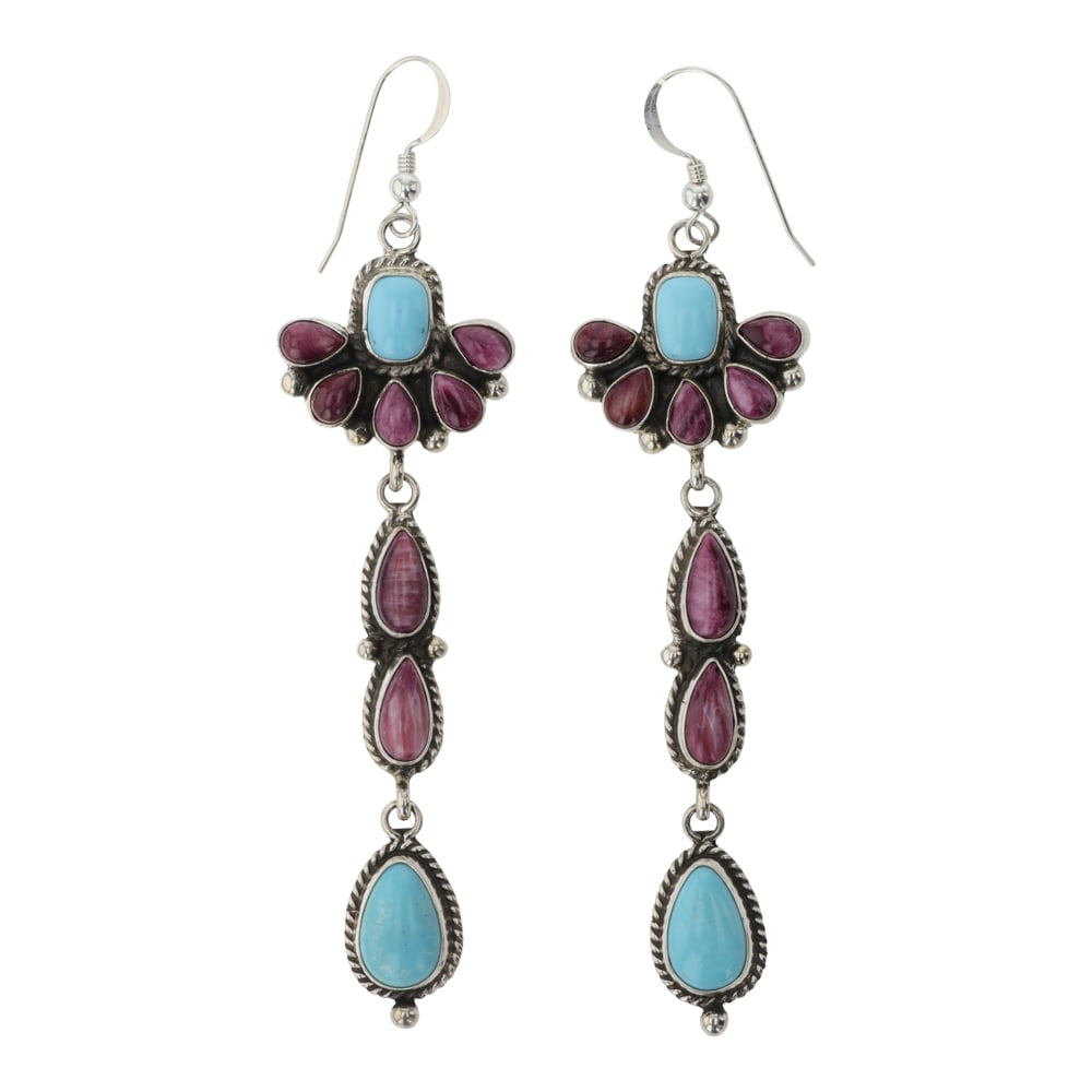 Ella Linkin Navajo Turquoise & Spiny Oyster Earrings: Sterling Silver | Genuine Turquoise & Spiny Oyster | Ella Linkin Navajo Turquoise & Spiny Oyster Earrings | Navajo Native American Southwest Indian Jewelry | Good (no breaks or damages) | Approximate 