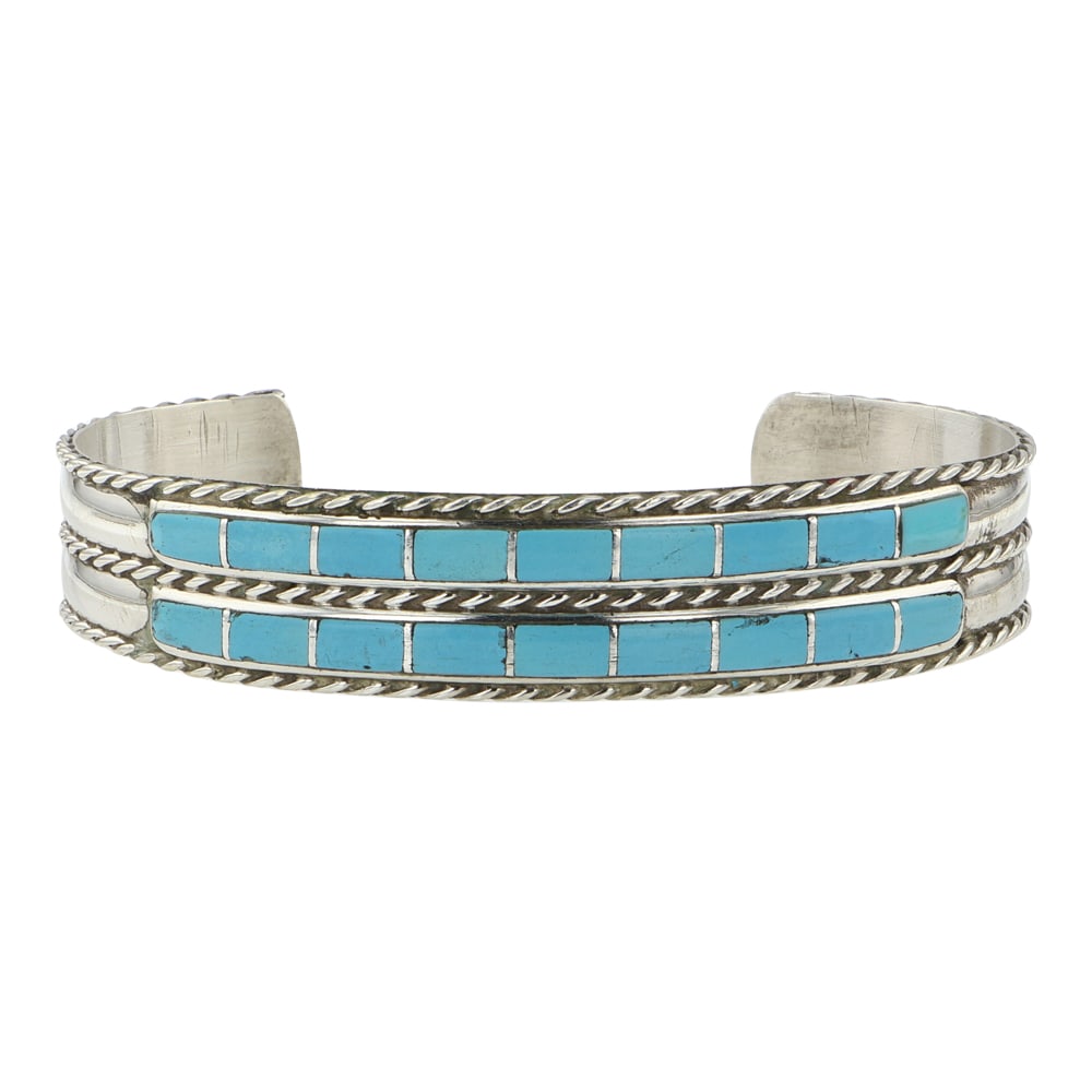 Jessica Chavez Zuni Kingman Turquoise Inlay Bracelet: Sterling Silver | Genuine Kingman Turquoise | Jessica Chavez Zuni Kingman Turquoise Inlay Bracelet | Zuni Native American Southwest Indian Jewelry | Good (no breaks or damages) | Approximate Weight: 1
