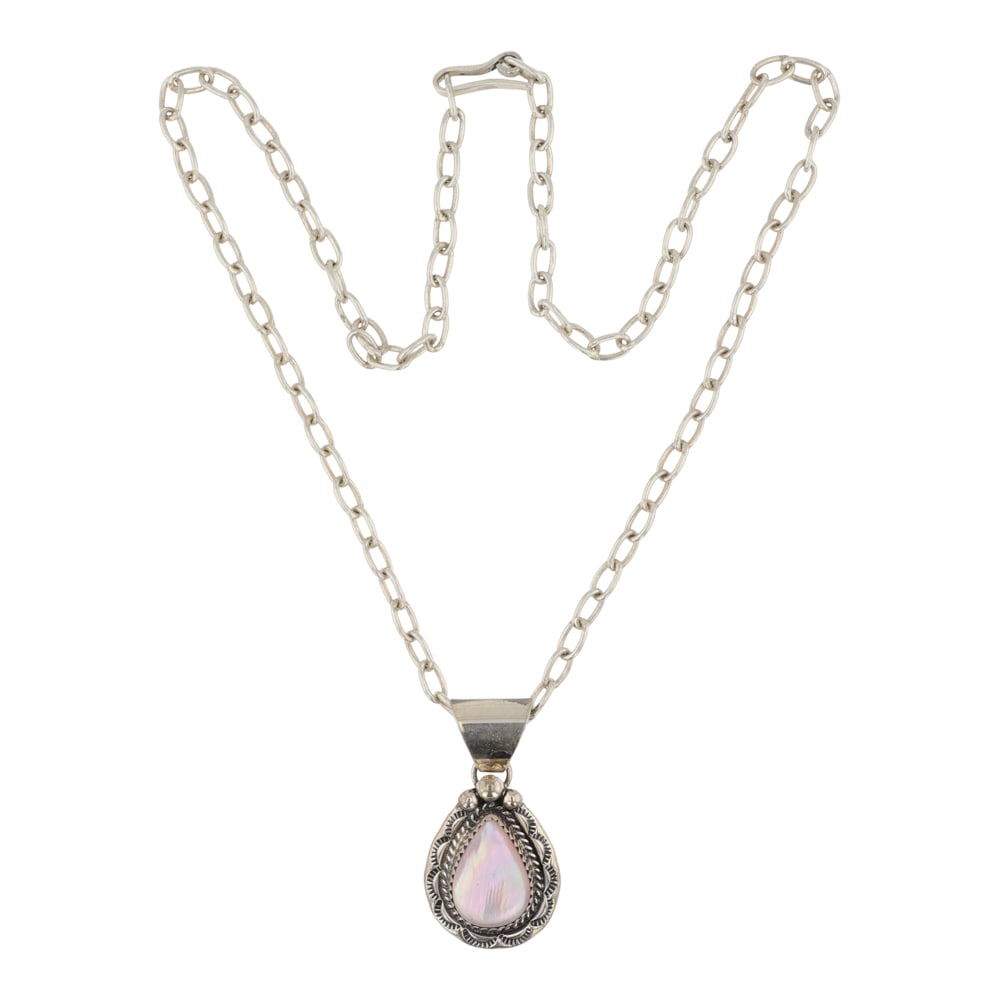 Maria Platero Navajo Pink Shell Necklace: Sterling Silver | Genuine Pink Shell | Maria Platero Navajo Pink Shell Necklace | Navajo Native American Southwest Indian Jewelry | Good (no breaks or damages) | Approximate Weight: 18 Grams | Necklac