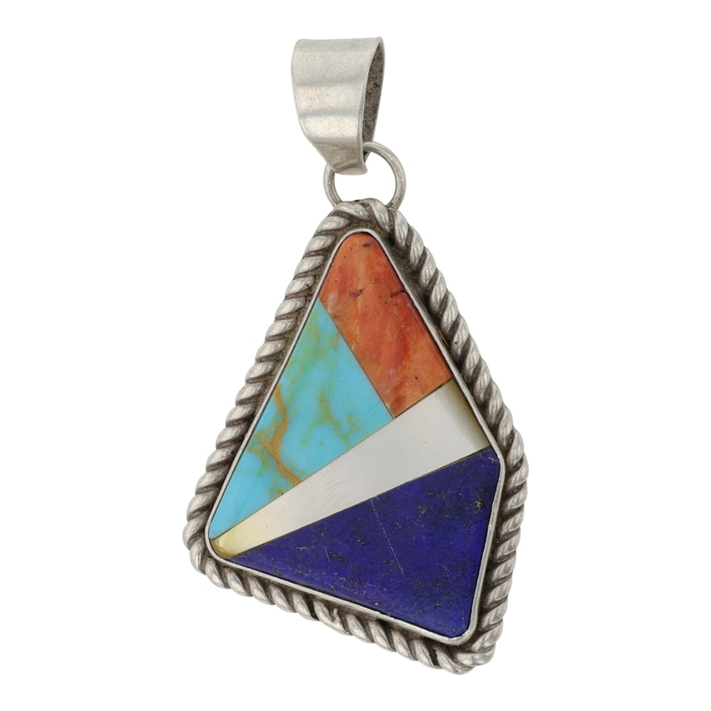 Vintage Navajo Lapis Turquoise & Spiny Oyster Inlay Pendant: Sterling Silver | Genuine Lapis | Vintage Navajo Lapis Turquoise & Spiny Oyster Inlay Pendant | Navajo Native American Southwest Indian Jewelry | Good (no breaks or damages) | Approximate Weight: 7 Gr