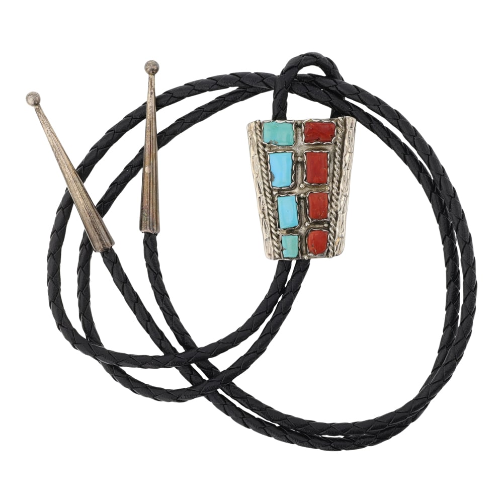 Vintage Zuni Turquoise & Coral Bolo: Sterling Silver | Genuine Turquoise & Coral | Vintage Zuni Turquoise & Coral Bolo | Zuni Native American Southwest Indian Jewelry | Good (no breaks or damages) | Approximate Weight: 24 Grams | Bolo: 1