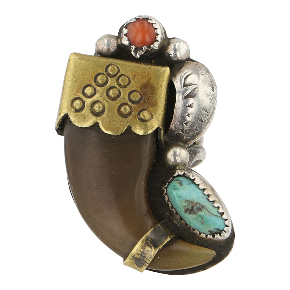 Vintage Navajo Turquoise & Coral Sterling Silver & Brass Bear Claw Ring: Sterling Silver & Brass | Genuine Turquoise & Coral | Vintage Navajo Turquoise & Coral Sterling Silver & Brass Bear Claw Ring | Navajo Native American Southwest Indian Jewelry | Good (no breaks or dam