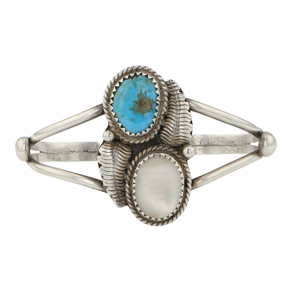 Vintage Navajo Turquoise & Mother of Pearl Two Stone Bracelet: Sterling Silver | Genuine Turquoise & Mother of Pearl | Vintage Navajo Turquoise & Mother of Pearl Two Stone Bracelet | Navajo Native American Southwest Indian Jewelry | Good (no breaks or damages) | 
