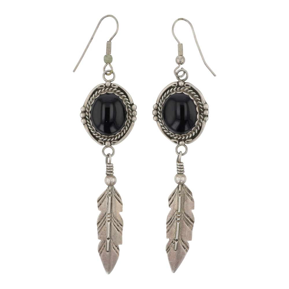 Navajo Black Onyx Earrings: Sterling Silver | Genuine Black Onyx | Navajo Black Onyx Earrings | Navajo Native American Southwest Indian Jewelry | Good (no breaks or damages) | Approximate Weight: 9 Grams | Earrings: 2.5" x .75" 