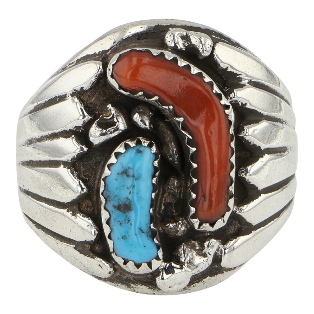 Navajo Turquoise & Coral Men's Ring: Sterling Silver | Genuine Turquoise & Coral | Navajo Turquoise & Coral Men's Ring | Navajo Native American Southwest Indian Jewelry | Good (no breaks or damages) | Approximate Weight: 20 Grams | Ring: