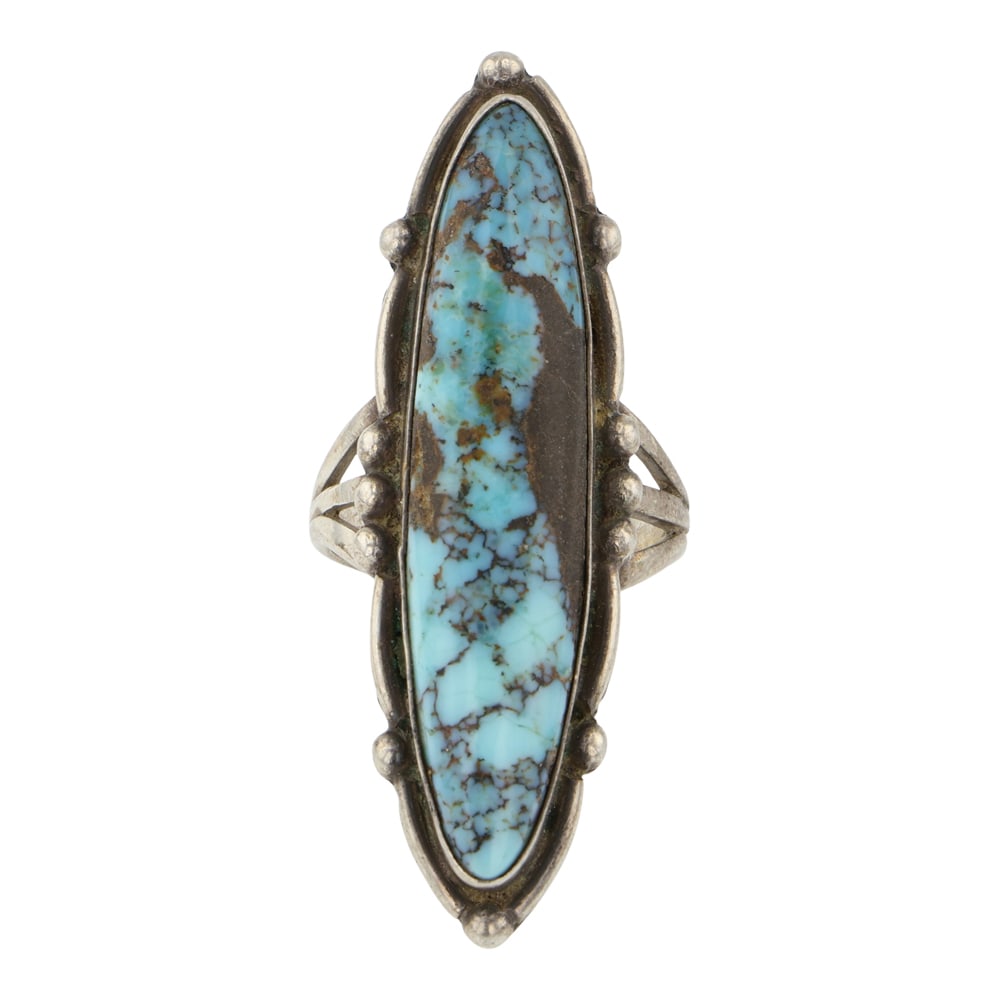 Vintage Navajo Candelaria Turquoise Long Oval Ring: Sterling Silver | Genuine Candelaria Turquoise | Vintage Navajo Candelaria Turquoise Long Oval Ring | Navajo Native American Southwest Indian Jewelry | Good (no breaks or damages) | Approximate Weight