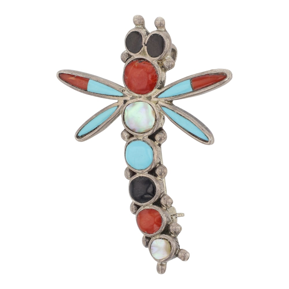 Zuni Turquoise Coral Jet & Mother of Pearl Inlay Dragonfly Pin: Sterling Silver | Genuine Turquoise, Coral, Jet & Mother of Pearl | Zuni Turquoise Coral Jet & Mother of Pearl Inlay Dragonfly Pin | Zuni Native American Southwest Indian Jewelry | Good (no breaks or 