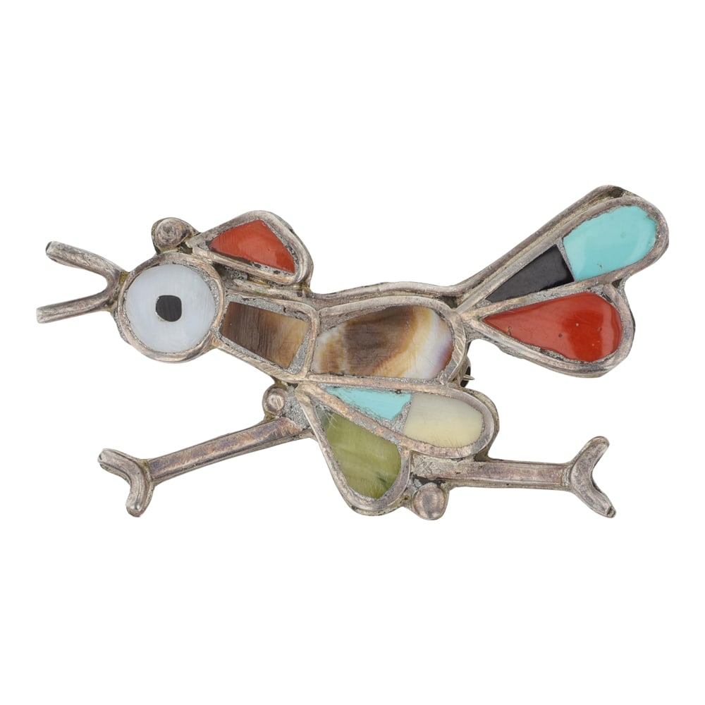 Vintage Zuni Turquoise Coral & Shell Inlay Road Runner Pin: Sterling Silver | Genuine Turquoise & Coral | Vintage Zuni Turquoise Coral & Shell Inlay Road Runner Pin | Zuni Native American Southwest Indian Jewelry | Good (no breaks or damages) | Approximate Wei