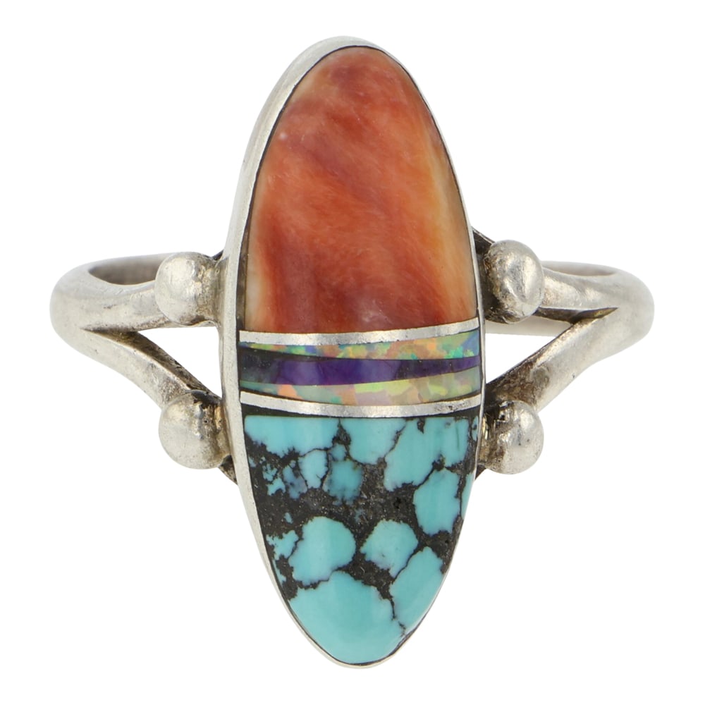 Navajo Turquoise Spiny Oyster & Synthetic Opal Inlay Ring: Sterling Silver | Genuine Turquoise & Spiny Oyster & Synthetic Opal | Navajo Turquoise Spiny Oyster & Synthetic Opal Inlay Ring | Navajo Native American Southwest Indian Jewelry | Good (no breaks or d