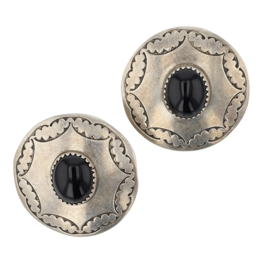 Navajo Black Onyx Stamp-Work Earrings: Sterling Silver | Genuine Black Onyx | Navajo Black Onyx Stamp-Work Earrings | Navajo Native American Southwest Indian Jewelry | Good (no breaks or damages) | Approximate Weight: 8 Grams | Earrings: 1