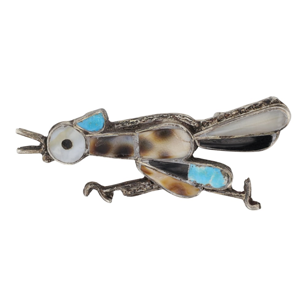 Vintage Zuni Turquoise & Shell Ilay Roadrunner Pin: Sterling Silver | Genuine Turquoise & Shell | Vintage Zuni Turquoise & Shell Ilay Roadrunner Pin | Zuni Native American Southwest Indian Jewelry | Good (no breaks or damages) | Approximate Weight: 4 G