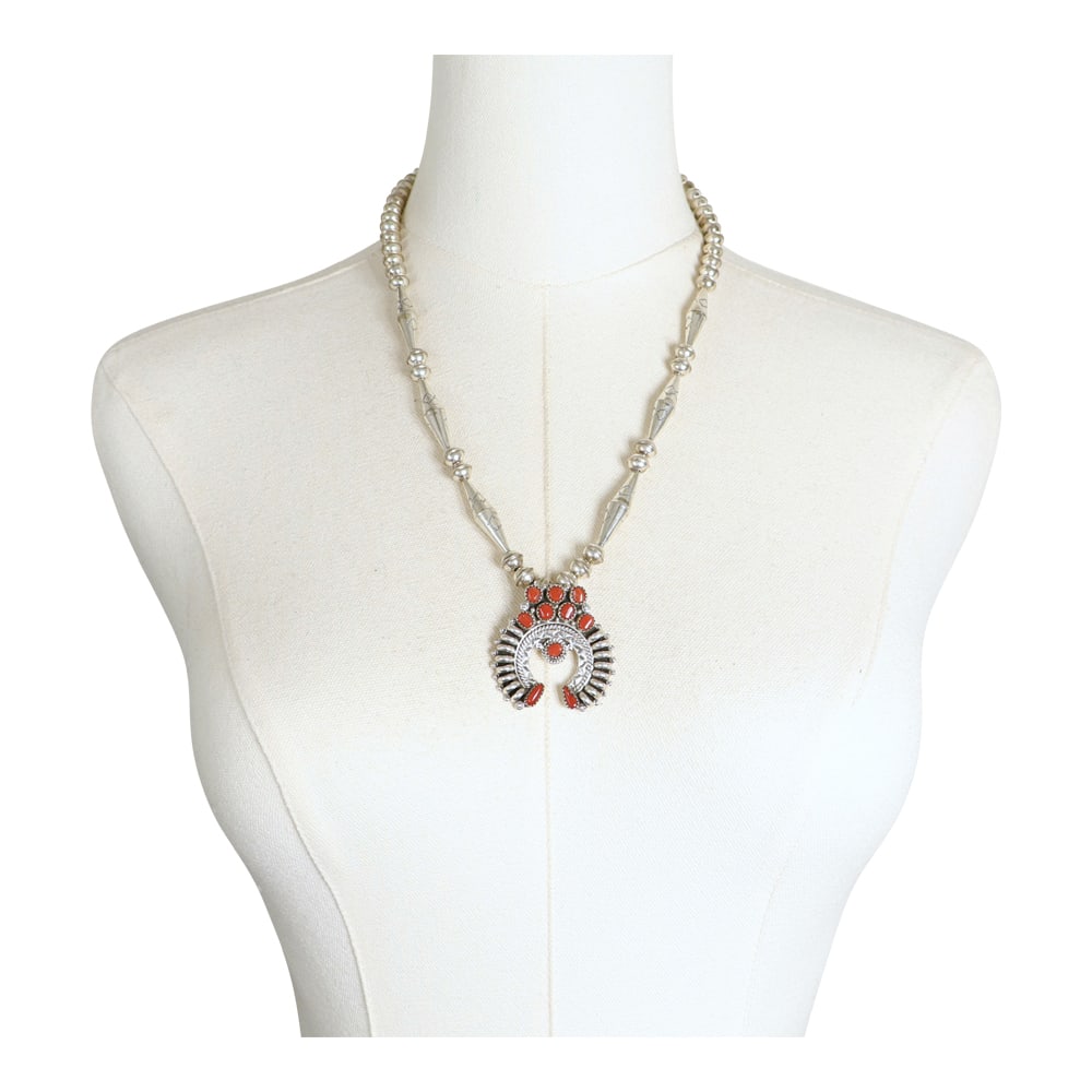 Nora Tsosie Navajo Mediterranean Coral Naja Necklace: Sterling Silver | Genuine Mediterranean Coral | Nora Tsosie Navajo Mediterranean Coral Naja Necklace | Navajo Native American Southwest Indian Jewelry | Good (no breaks or damages) | Approximate Weigh