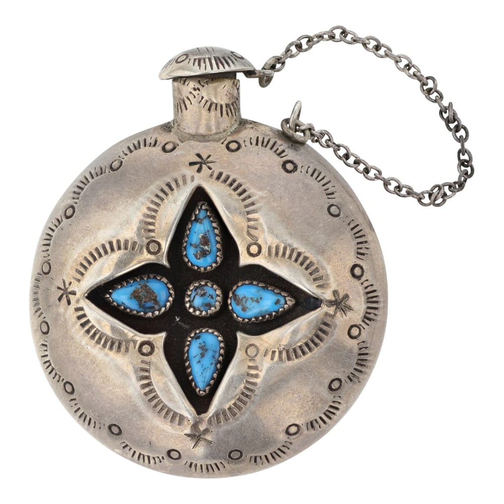 Vintage Navajo Persian Turquoise Tobacco Canteen: Sterling Silver | Genuine Persian Turquoise | Vintage Navajo Persian Turquoise Tobacco Canteen | Navajo Native American Southwest Indian Jewelry | Good (no breaks or damages) | Approximate Weight: 36 